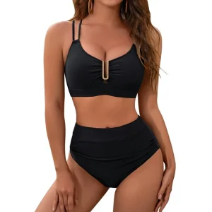 Bikini Taille Haute Femme avec Détail Métallique – Tissu Lisse Stretch