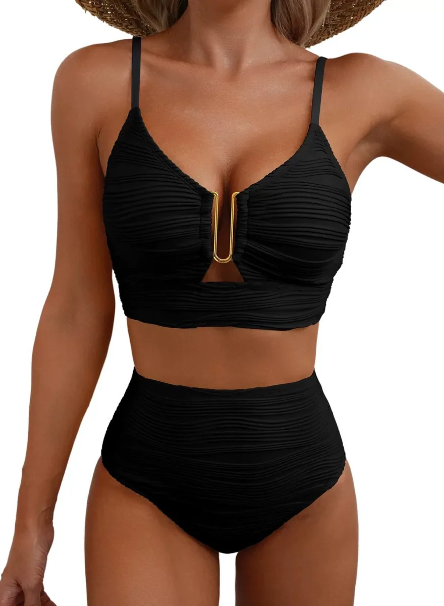 Bikini Femme Taille Haute – Tissu Stretch Texturé avec Détail Anneau en U – Image 2