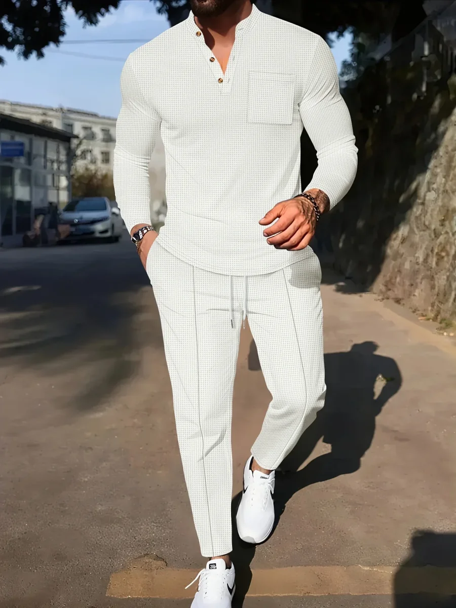 Ensemble Deux Pièces Homme Waffle – Haut Henley & Pantalon Décontracté