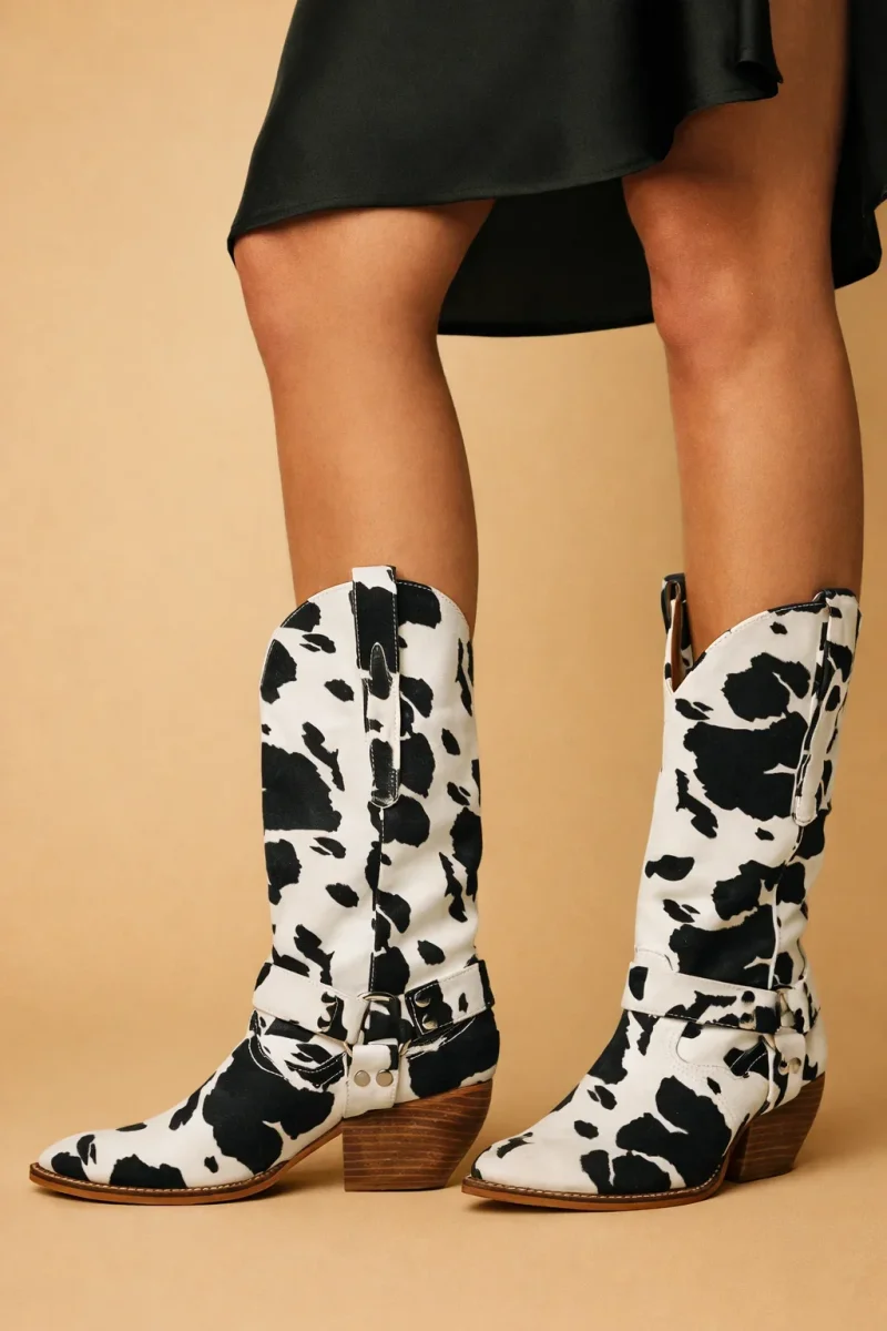 Bottes Western Femme – Tige Texturée Style Cuir, Bride Décorative